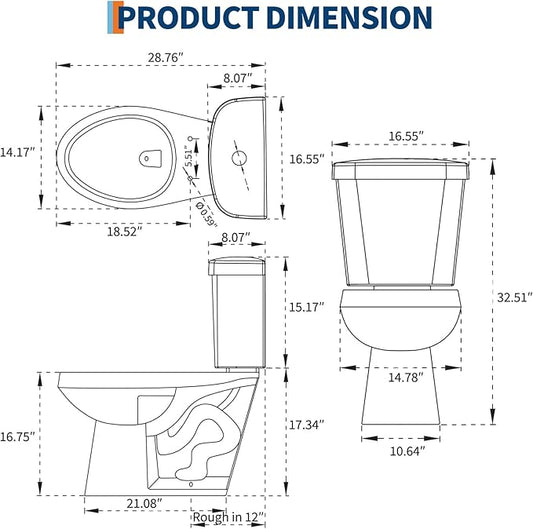 Two Piece Toilet with 17" ADA Height, Elongated Ceramic Bowl and Locking PP Lid -Dual Flush, CUPC Certified, Water Efficient