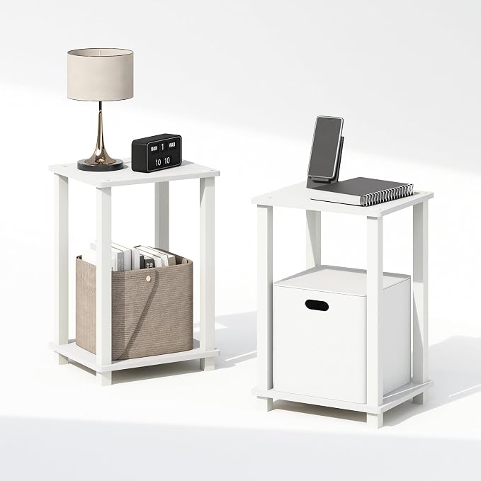 Furinno Simplistic Night Stand Set of 2, 2-Tier Small Nightstand with Open Shelf, Toolless Bedside Table, End Table, Side Table, for Bedroom, Closet, Dorm, White