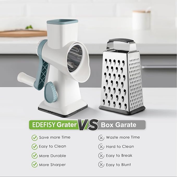 Cheese Grater Hand Crank Rotary Vegetables Shredder with Handle | 3-in-1 Graters, Interchangeable Blades, Non-slip Base, Multifunctional Slicer
