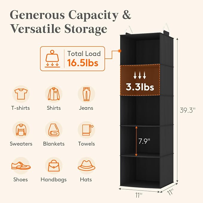 Lifewit 5 Tier Hanging Closet Organizer and Storage for Shelves, Foldable Clothes Shelf with 2 Sturdy Hooks, Sweater/Coat/Shoes Clothing Organization for Wardrobe, Dorm, Bedroom, Black