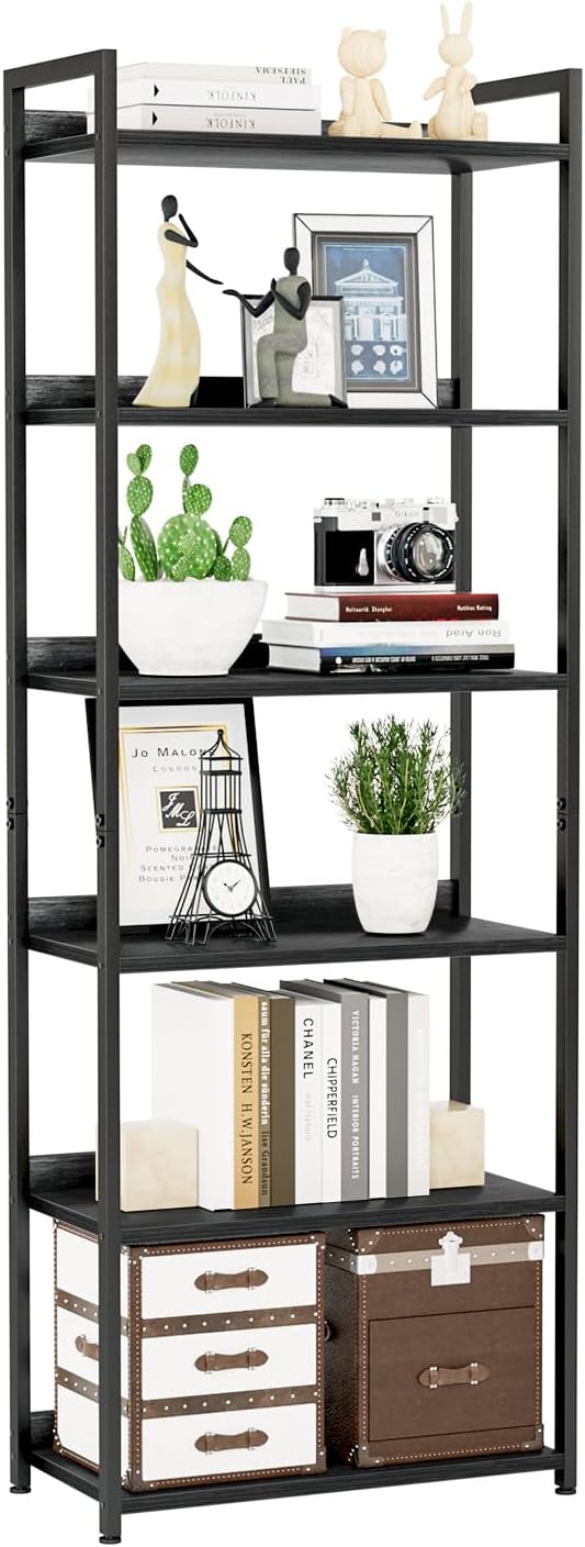 NUMENN Bookshelf, 6 Tier Freestanding Shelving Unit, Black | Metal Frame & Wood Shelves, Falling Prevention Baffle, Open Storage Bookcase for Bedroom, Living Room & Home Office