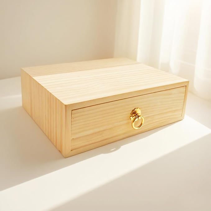 Natural Wooden Storage Box Desk Drawer Single Cabinet Organizer | Wood Office Desk Organizer Countertop Storage Box with Metal Handle for Home School Office Counter Craft Decor (1 Drawer)