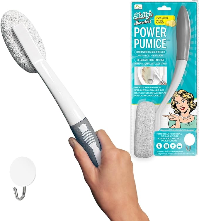 Molly's Marvelous Power Pumice – Toilet Ring & Hard Water Stain Remover, Extra-Long Handle, Chemical-Free Cleaning for Bathroom Surfaces
