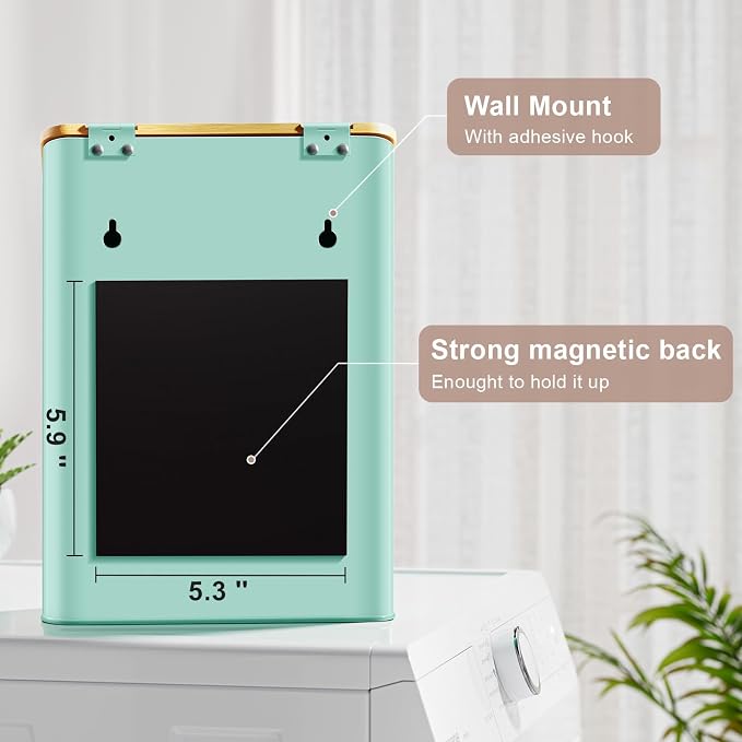 Magnetic Lint Bin for Laundry Room Organization and Storage,Light Green | Wall Mounted Metal Lint Box Holder Trash Can with Bamboo Lid for Dryer,Lint Basket for Laundry Room Decor