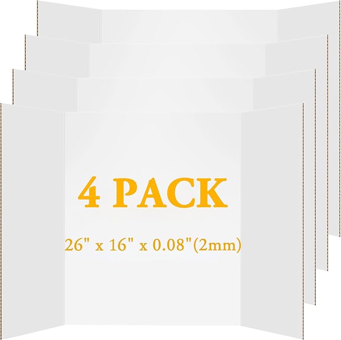 AKONEGE 4PCS White Trifold Poster Board 26"x16" for Display & Presentation | Small, Corrugated Cardboard, Display Board, Presentation Board, Ideal for School Project, Science Fair, Business Exhibition