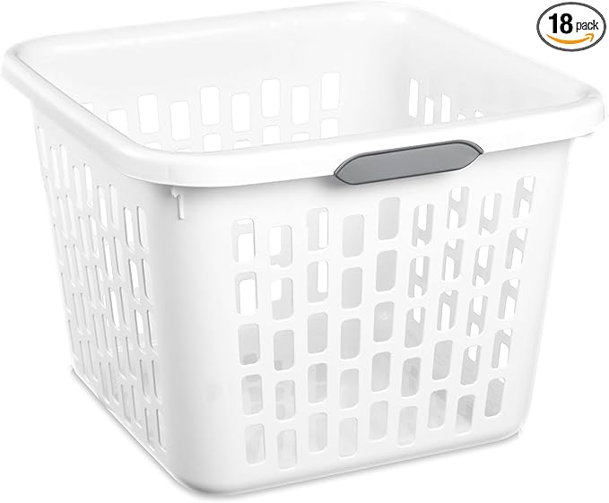 Sterilite Square Laundry Basket, Plastic Clothes Hamper, 18 Pack | 1.5 Bushel Capacity, White, Large Bin with Comfort Grip Handles and Reinforced Rim