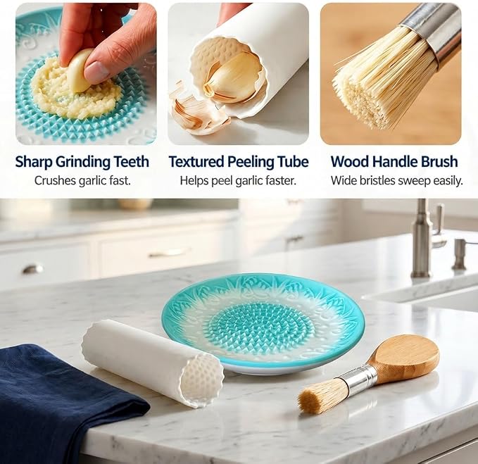 Handcrafted Ceramic Garlic Grater Plate 4-Pc Set, 5.12" Handmade Porcelain Grinding Dish with Wooden Boar Bristle Brush & Textured Silicone Peeler, Celadon Green Embossed Lily