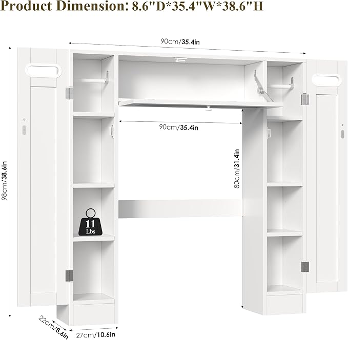 Keyluv Short Over The Toilet Storage Cabinet with Adjustable Shelves, 38.6" Low-Profile Over Toilet Bathroom Organizer with Built-in Paper Holder & Drop-Down Door for Small Bathroom, White