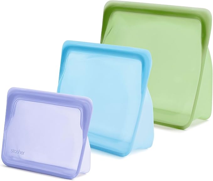Stasher Silicone Reusable Food Storage Bags, 3-Pack, Reusable Freezer Bags, Microwave, Dishwasher, Oven Safe, Sous Vide, Lunch Containers, Eco Friendly, Food-safe Silicone Snack Bag, Multicolor