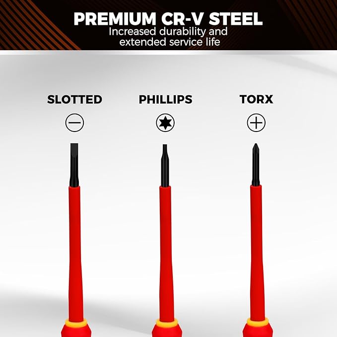 HORUSDY 12-Piece Precision Screwdriver Set, 1000V Insulated Electrician Screwdrivers with Magnetic Tips & Rotatable Top Cap, Phillips PH0/PH00, Slotted 1.8–3mm & Torx T5–T10 with Portable Storage Bag