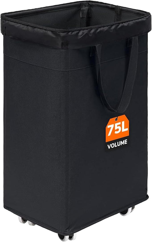 CHICVITA 75L Slim Rolling Laundry Basket with Wheels & Wash Bag, Black | Carry handle for easy moving to laundry room. Removable wash bag, slim design fits tight spaces