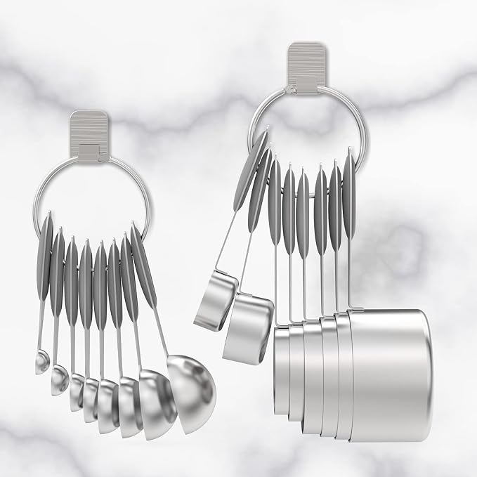 Wildone Stainless Measuring Cups and Spoons Set with Silicone Handle, 16pcs | 8 Measuring Cups and 8 Measuring Spoons, Nesting Design, Heavy Duty for Measuring Dry/Liquid Ingredients, Gray