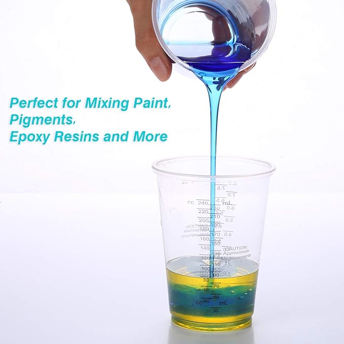 XUXU 50pcs 8oz Graduated Clear Plastic Measuring Cups with Wooden Stirring Sticks for Mixing Paint, Pigments, Epoxy Resins, Resins