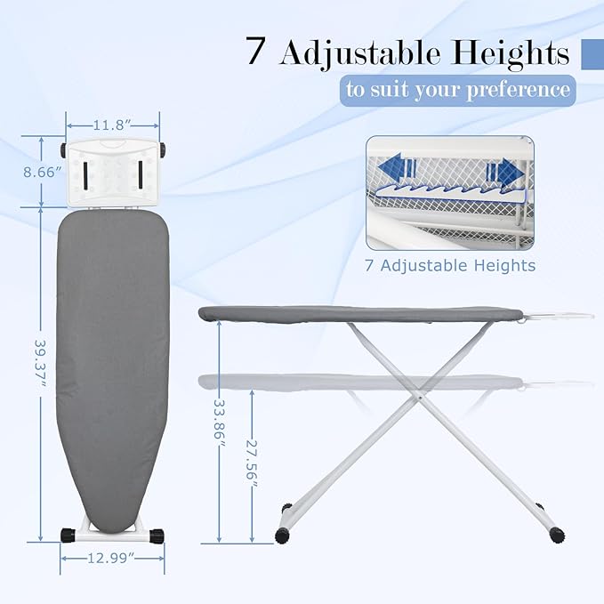 Ironing Board 48×13 Inch, 7-Level Height Adjustable, T-Steel Frame, Foldable, Heat Resistant Removable Cover, Grey