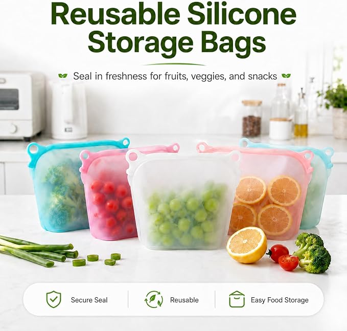 Yosmer Reusable Silicone Food Storage Bag, 50oz/1500ml Food-Grade Silicone Stand-Up Bag with Magnetic Self-Sealing Opening, Clear Windows, Freezer & Dishwasher Safe, Pink, 1 Pack