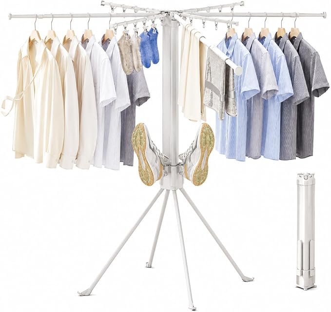 Foldable 4-Legged Clothes Drying Rack, Extra Stable Heavy Duty Laundry Drying Rack with Sock Clips & Shoe Holders, Large Capacity Collapsible Drying Stand for Indoor Outdoor Use