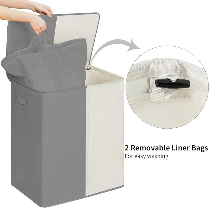 WOWLIVE Double Laundry Hamper with Lid, 154L Large Laundry Basket Organizer | Collapsible Dirty Clothes Hamper 2 Section, with Removable Laundry Bags for Laundry Room, College Dorm, Grey and Beige