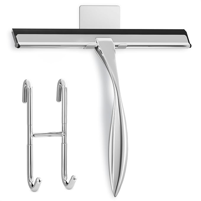 Shower Door Squeegee with Hook - 12" Silicone Blade, Stainless Steel Squeegee for Shower Glass with Adhesive Mount - All-Purpose Bathroom Tile, Mirror, & Window Wiper for Streak-Free Cleaning (Silver)