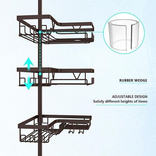 DAOYA Corner Shower Caddy Tension Pole - Adjustable 4-Tier Shower Shelf Stainless Steel Corner Tension Rod Bathroom Organizer Shampoo Holder with Soap Holders & Hooks for Bath, Tub, Floor Space Saving