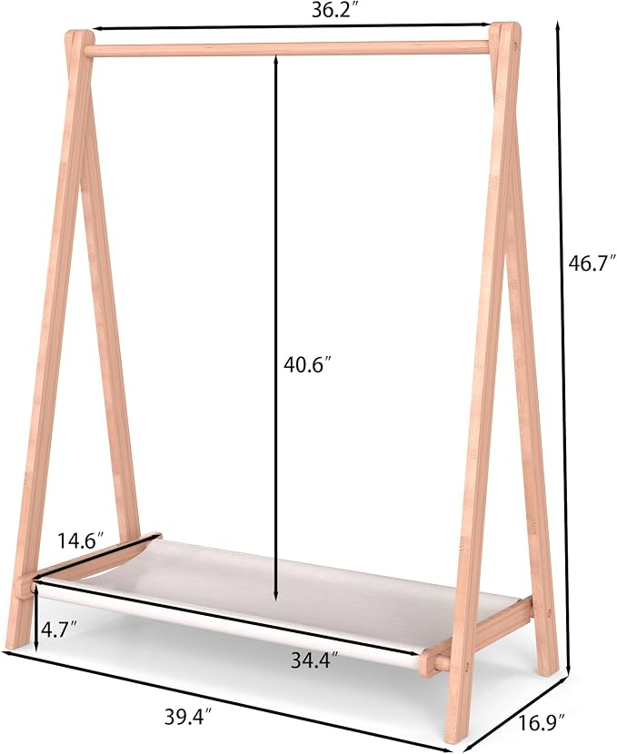 Kids Clothes Rack,Foldable Solid Wood Small Baby Clothes Rack with Bottom Storage Shelf,for Laundry Drying,Mini,Floor Standing,Portable(39.4" L)