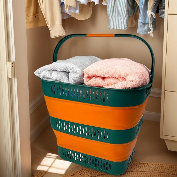 SAMMART 38L(10 Gal) Collapsible Laundry Basket - Foldable Pop-Up Storage Container/Organizer-Portable Space Saving Hamper, Measure 17.5x13.3x15.7"/3.8" Expanded/Collapsed (2, Forest Green/Autumn leaf)