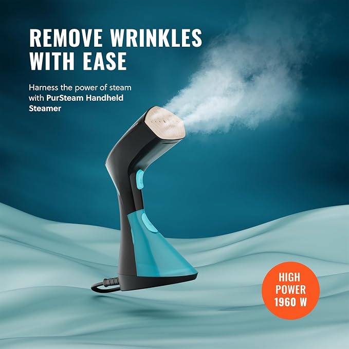 PurSteam SteamWave Handheld Garment Steamer - Fast Heat-Up 3 Steam Settings | 1650W | 25-Min Continuous Steam | 8.45 oz Removable Tank | Ceramic Soleplate | Auto Shut-Off | Portable for Home & Travel