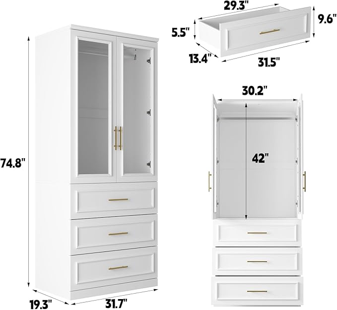 FUFU&GAGA Wardrobe Closet with Glass Doors, Modern White Bedroom Armoire with Gold Handles, Modern Clothes Storage Cabinet with 3 Drawers, Hanging Rod, 31.7”W x 19.3”D x 74.8”H
