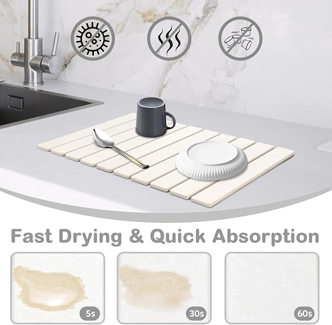 Large Stone Dish Drying Mats for Kitchen Counter, 24"×16"Dish Drying Mat with 8"x 4" Coasters, Collapsible Quick-Dry Diatomite Drying Mat for Dishes, Bottles & Cups