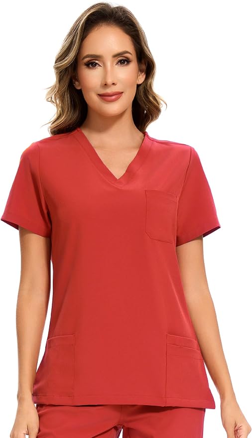 Scrubs Tops for Woman - Soft Stretch, V-Neck Tops | 3 Pockets, Side Split Design, Short Sleeve, Breathable & Lightweight Nursing Shirt, Easy-Care Fabric for All-Day Comfort