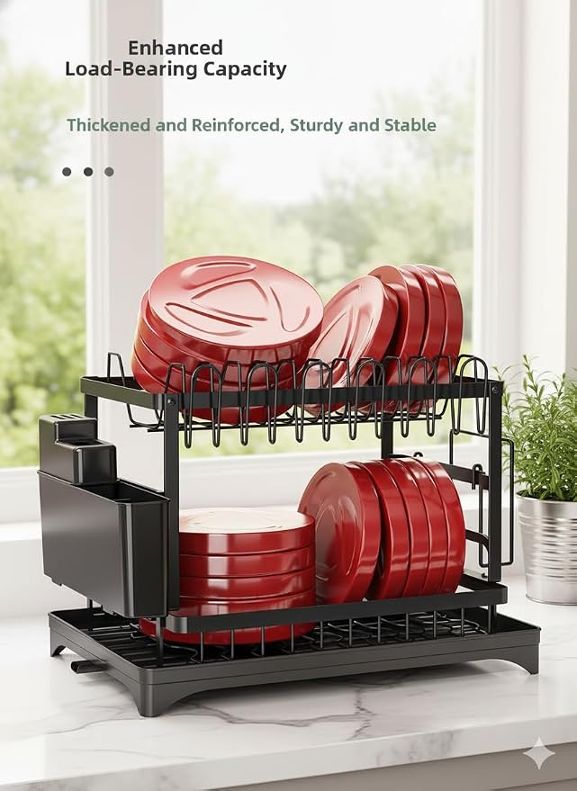 2-Tier Dish Drying Rack for Kitchen Counter, Carbon Steel Space-Saving Drying Rack with Adjustable Drain Pipe & Cutlery Holder, for Small Kitchen Apartment RV
