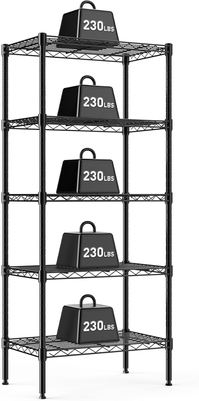 NEWBULIG 5-Tier Metal Wire Storage Shelves, Adjustable Heavy Duty Steel Shelving Unit, Freestanding Storage Rack Organizer for Kitchen, Pantry, Garage, Bathroom, 23.2" W x 13.4" D x 59.8" H, Black