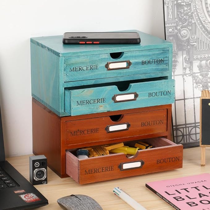 Small Wooden Drawers Wooden Box with Drawer Blue | 2 Drawer Storage Box for Apothecary Cabinet, Apothecary Drawers，Desktop Organizer with Metal Handles for Office，Home
