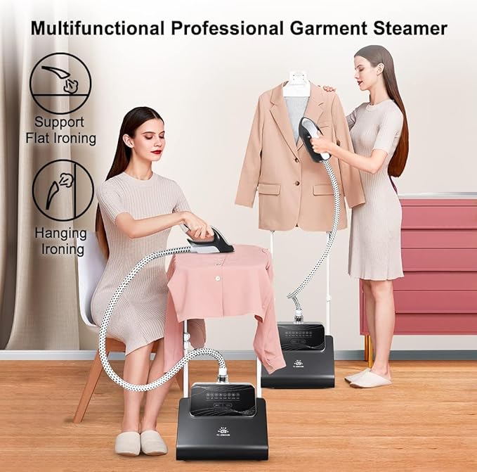 1500W Standing Clothes Steamer with Adjustable Ironing Board, 90 Min Steam Time, 8 Steam Levels, 2.5L Tank - Professional Garment Steamer, dark grey