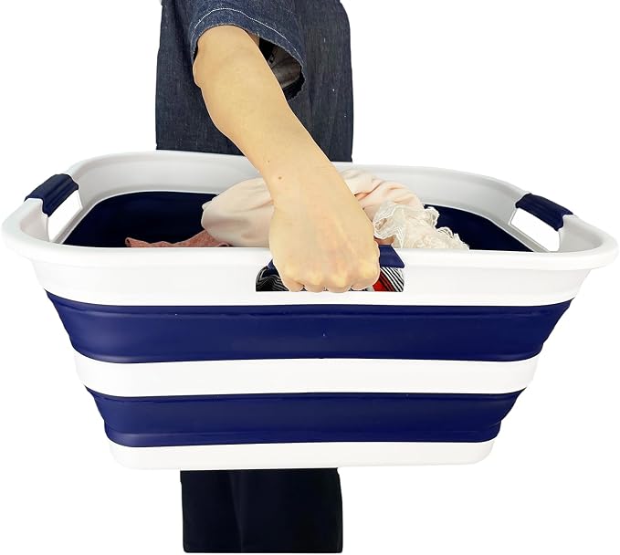 SAMMART 42 (11 Gallons) Collapsible Plastic Laundry Basket, Foldable Pop Up Storage Container/Organizer, Space Saving Hamper, Portable Bin for Dorm Room Bathroom (2, Starry Blue+Beige)