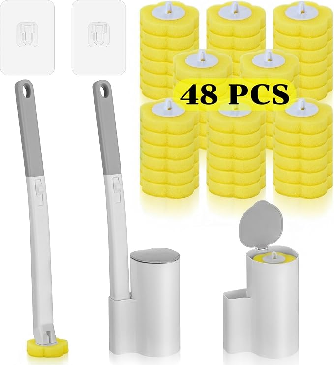 2 Pack Disposable Toilet Brush and Holder Set, Extended Handle Toilet Bowl Cleaner Wand with 48 Refills Replacement Heads Pads Bathroom Maintenance Bathtub Stick Cleaning System Starter Kit