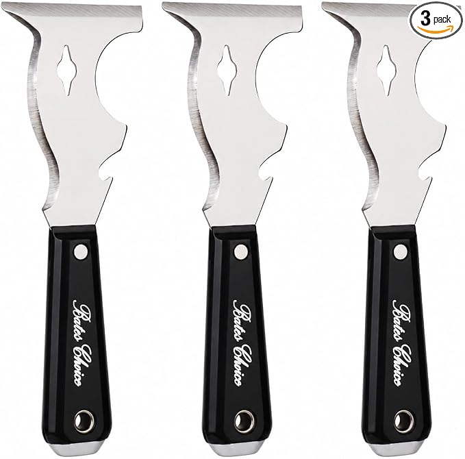 Bates- Paint Scraper, 10-in-1 Painter’s Tool, 3 Pack, Sharp Beveled Blade & Strong Handle, Hammer End, Multi-Use Paint Scraper for Wood, Caulk, Adhesive, Varnish Removal, Putty Knife & Spackle Tool