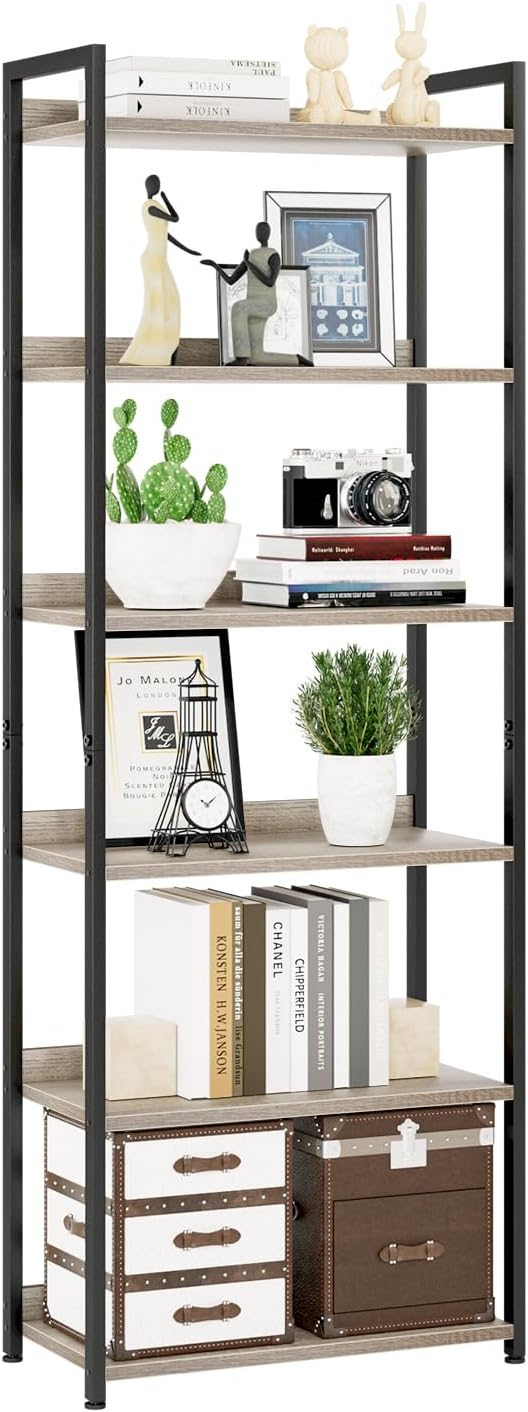 NUMENN Bookshelf, 6 Tier Freestanding Shelving Unit, Grey | Metal Frame & Wood Shelves, Falling Prevention Baffle, Open Storage Bookcase for Bedroom, Living Room & Home Office