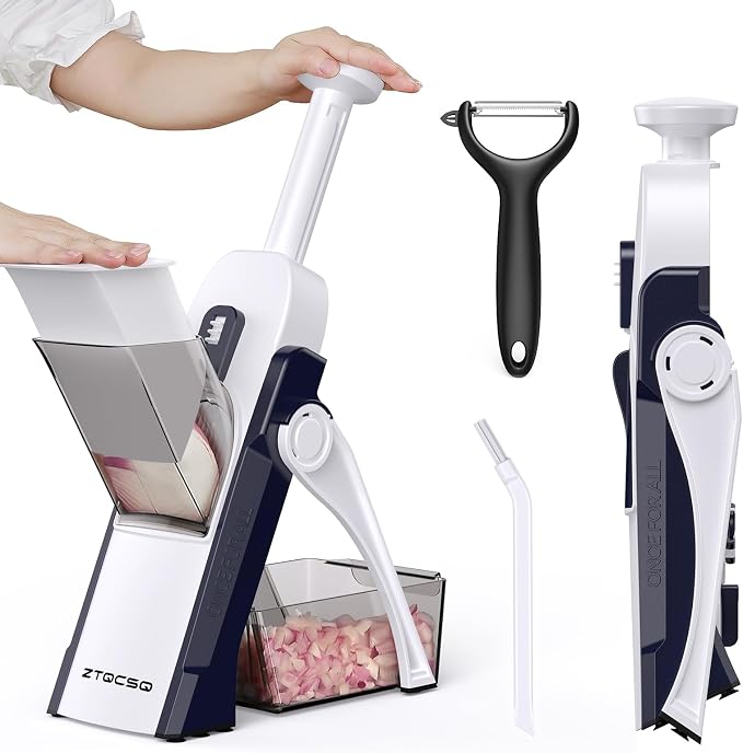 5 in 1 Adjustable Safe Mandoline Slicer for Kitchen with Paring Knife | Safe Mandoline Slicer for Kitchen, Easy to Clean/Storage, Potato Slicing, Strips, Shredding, Dicing, Chop, Cleaning brush