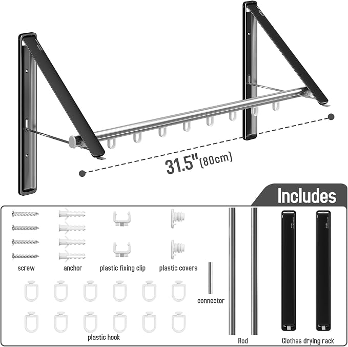Folding Clothes Hanger Rack Wall mounted for Laundry Clothes Drying Rack | Foldable Hanger Rack Laundry Hanger Dryer Rack, Easy to Install, Closet Storage Organization, Space Saving Black, 2 pcs &1Rod