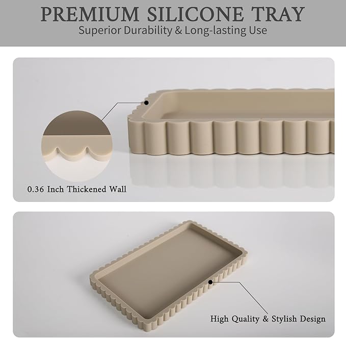 Silicone Bathroom Vanity Tray, Sink Caddy for Dish Soap Dispenser, Sponge Holder for Kitchen Sink, Rectangle Bathroom Countertop Organizer for Perfume, Jewelry, Candle (9.9” * 6”, Khaki)