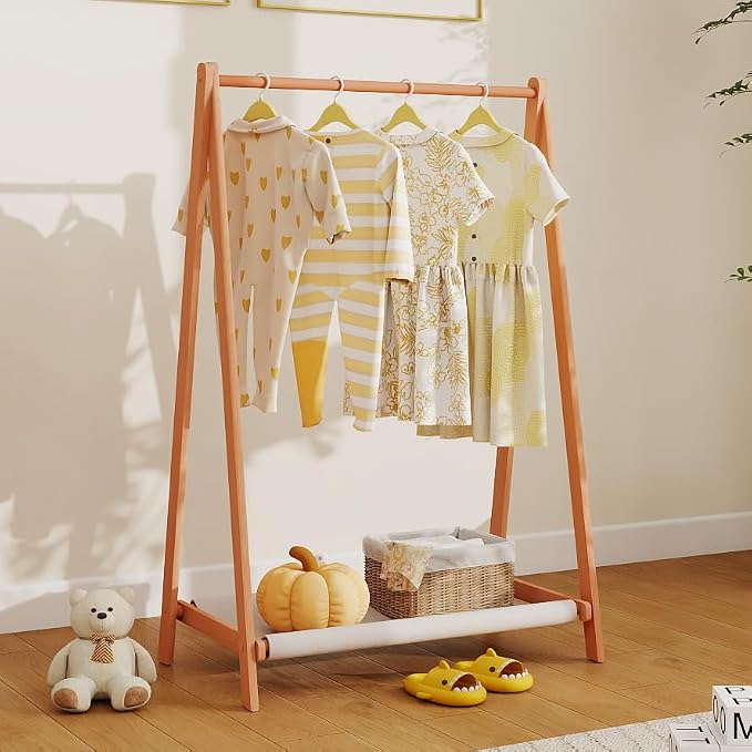 Kids Clothing Rack,Foldable Beechwood Small Baby Clothes Rack with Bottom Storage Shelf,for Laundry Drying,Mini,Floor Standing,Portable(31.5" L)