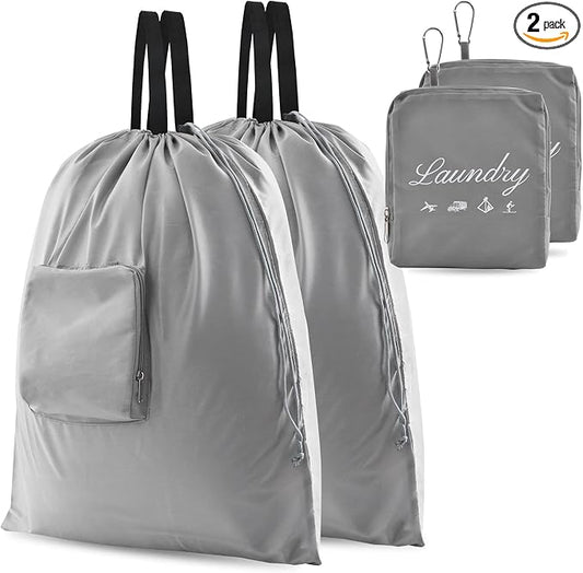 2 Pcs Travel Laundry Bags, JHX Dirty Clothes Organizer【Upgraded】with Handles and Aluminum Carabiner, Collapsible Laundry Bag for Travel, Camp, Fitness, and Students（Grey） 24"L x 21"W