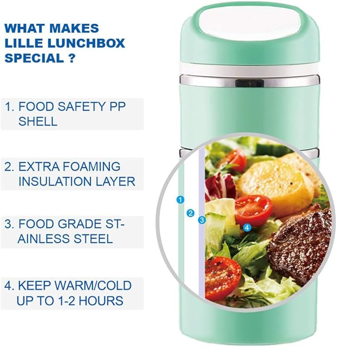 Lille Home Stackable Stainless Steel Thermal Compartment Lunch/Snack Box, 3-Tier Insulated Bento/Food Container with Lunch Bag, Utensils Set and Three Extra Seals, 43OZ (Green with Utensils)