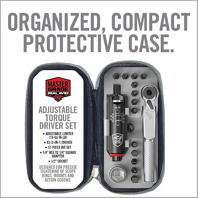 Real Avid Smart-Torq & X3 Driver Kit - Adjustable Limiter 15-65 In-Lbs, 3-in-1 X3 Driver Ratchet, T-Handle, Screwdriver, 12 Bits in a Compact Case