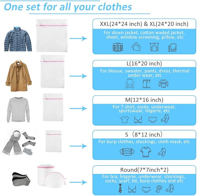 GOGOODA Mesh Laundry Bags for Delicates Durable Protective Wash Bags | Travel Storage Bags for Intimates Lingerie, 7PCS (1XXL, 1XL,1L,1M,1S,2 bra bags)