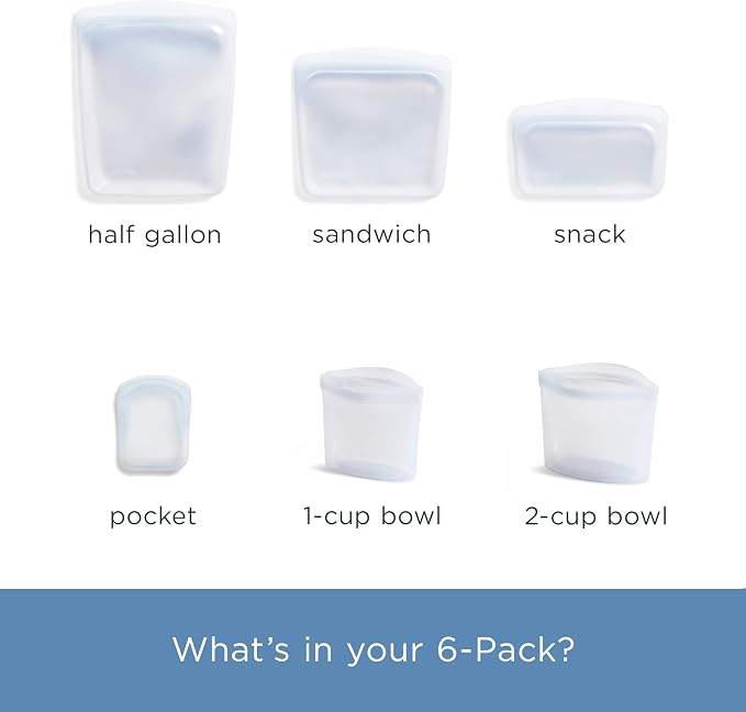 Stasher Silicone Reusable Food Storage Bags, 6-Pack, Reusable Freezer Bags, Microwave, Dishwasher, Oven Safe, Sous Vide, Premium Lunch Containers, Eco Friendly, Food-safe Silicone Snack Bag, Clear