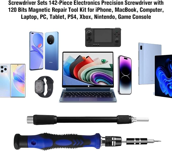 142 IN 1 Professional Computer Repair Tool Kit, Precision Screwdriver Set with 120 Bits Magnetic Repair Tool Kit for iPhone, MacBook, Computer, Laptop, PC, Tablet, PS4, Game Console, and Others | 120 Bits Magnetic Repair Tool Kit for iPhone,MacBook,Com...