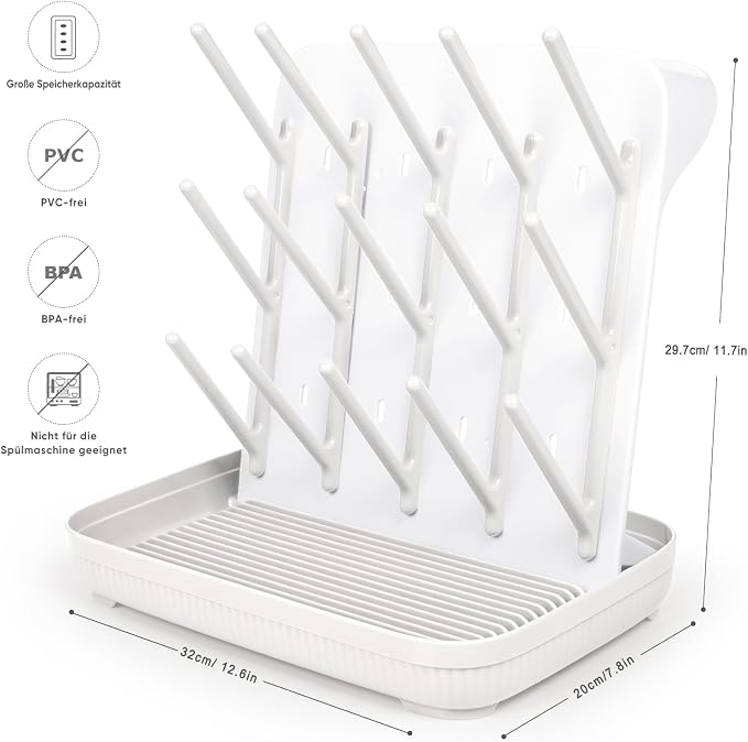 Termichy Baby Bottle Drying Rack：Large Vertical Space Saver for Countertop | With 15 Hooks - Quick-Dry Holder for Nipples, Teethers & Breast Pump Parts -Newborn Essentials Must-Haves White