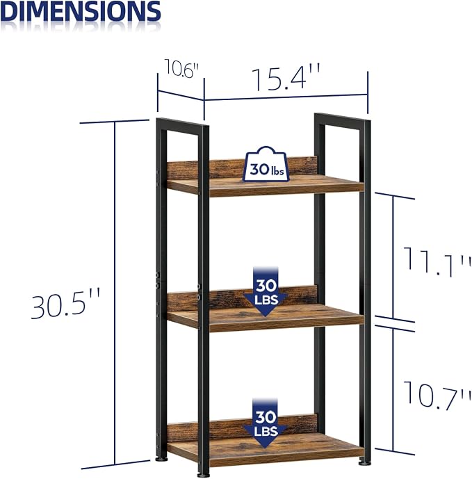NUMENN Narrow Bookshelf, 3 Tier Freestanding Shelving Unit, Vintage | Small Book Shelf for Small Spaces, Metal Frame & Wood Shelves, Falling Prevention Baffle, Bookcase for Bedroom&Home Office