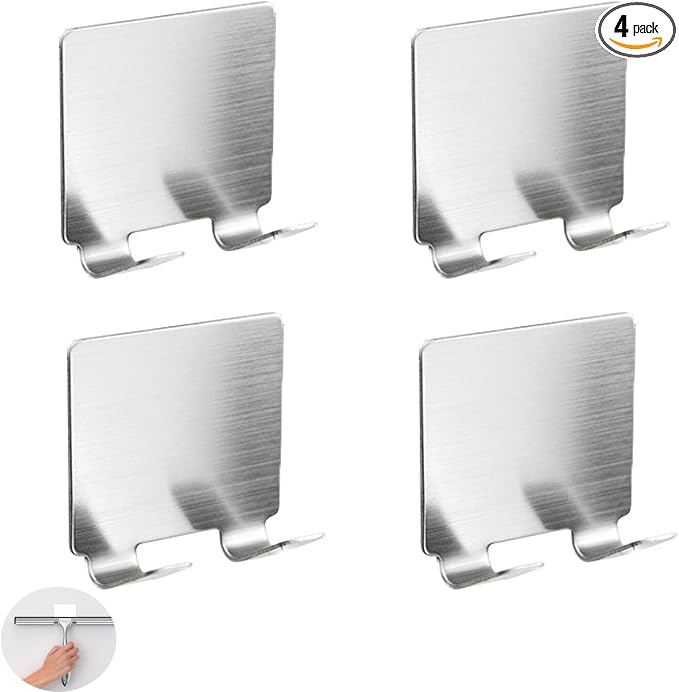 4 Pack All-Purpose Stainless Steel Squeegee Holder Shower Door Hooks Towel Hooks Hanger Organizer for Bathroom Shower Glass Doors Squeegee Cleaner Tool